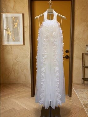 Fashion Classic White Tulle Halter Maxi Dress - 3D Floral Ruffles - Small/Med